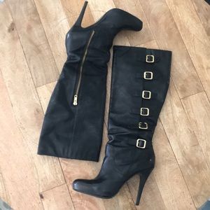 Steve Madden patent leather black gold buckle boot